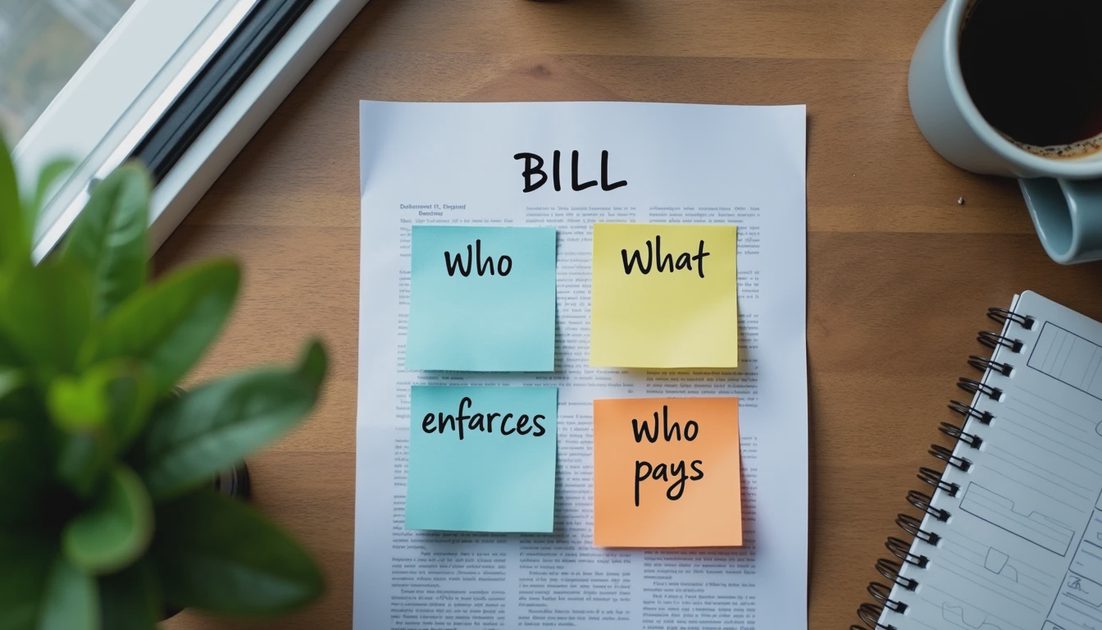 Four-question method for AI regulation explained on a printed bill